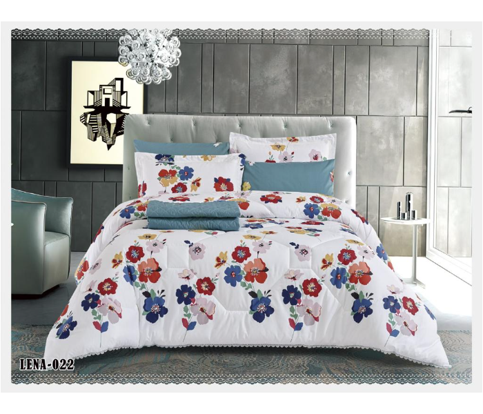 Dual Faces Flower Design King Size Two Sided Cotton Comforter Set - White and Blue - Zoom Image