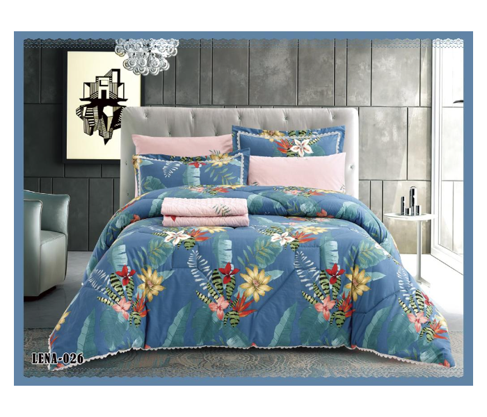 Dual Faces Flower Design King Size Two Sided Cotton Comforter Set - Blue and Pink - Zoom Image