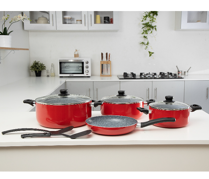 Royalford RF9504 9 Pieces Marble Coated Cookware Set - Red - Zoom Image 1