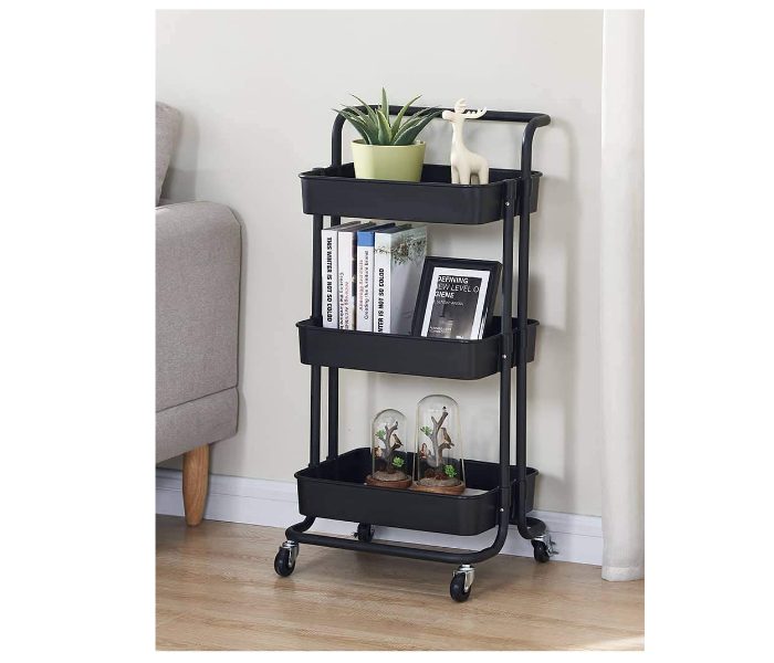 3 Tier Rolling Cart With Handle and Lockable Wheels - Black - Zoom Image 1