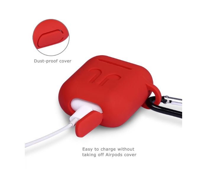 Silicone Protective Cover and Skin for Apple AirPods Charging Case with Carabiner Keychain Belt Clip – Red  - Zoom Image 4