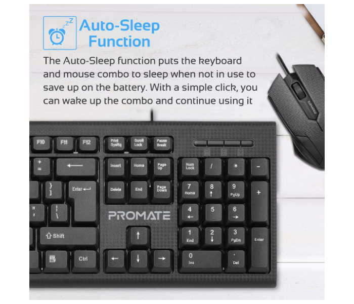 Promate Ergonomic Full-Sized Silent Keys Wired Keyboard with 1200Dpi Optical Sensor USB Mouse Combo- Black - Zoom Image 5