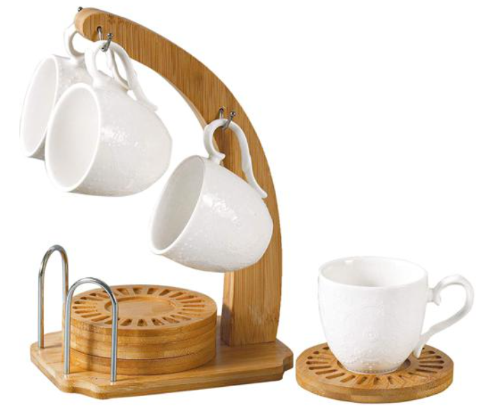 Royalford RF8679 Porcelain Tea Sets with Bamboo Stand - White & Brown - Zoom Image 3