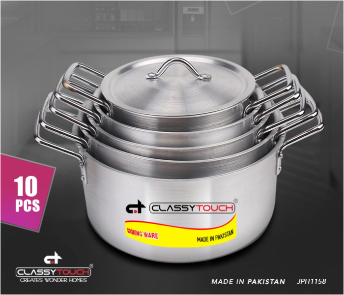 Classy touch 10-Piece Cookware Set Aluminium Good Quality Pakistan Made- Silver - Zoom Image 3