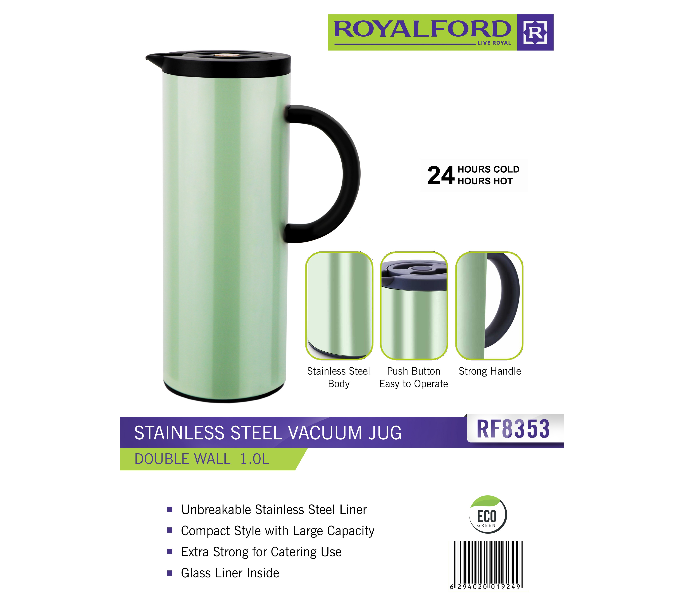 Royalford RF8353 1 Litre Stainless Steel Double Wall Vacuum Jug - Green & Black - Zoom Image 2