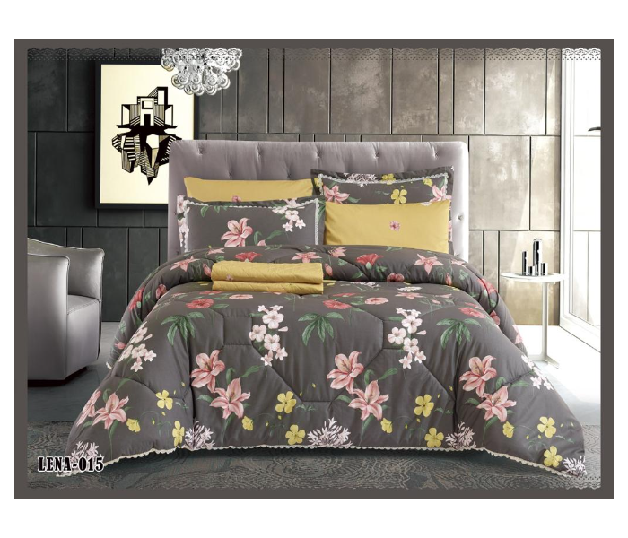 Dual Faces Flower Design King Size Two Sided Cotton Comforter Set - Grey and Gold - Zoom Image