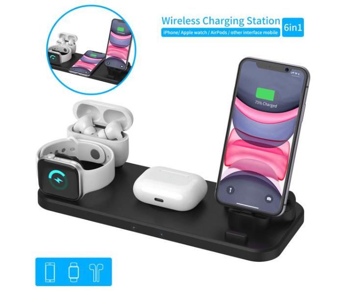 6 in 1 Stand Qi Fast Charging Wireless Charger Dock Station For All Qi certified mobiles , Apple Watch and AirPods - Zoom Image 2