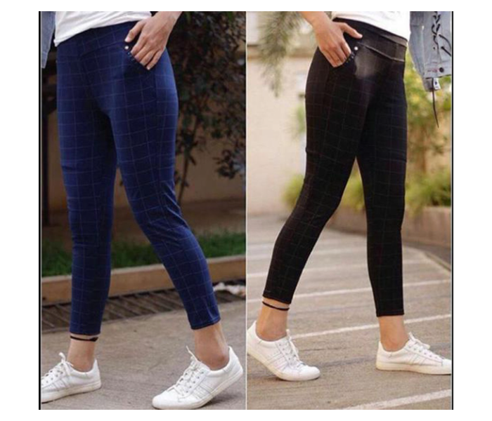 Comfort Check Lycra Material Free Size Stretch Leggings - Navy Blue - Zoom Image 1