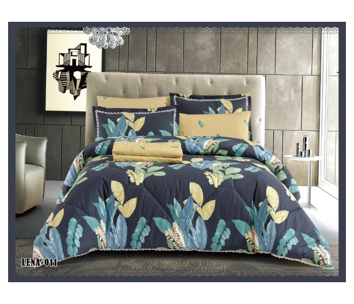 Dual Faces Leaf Design King Size Two Sided Cotton Comforter Set - Dark Blue - Zoom Image