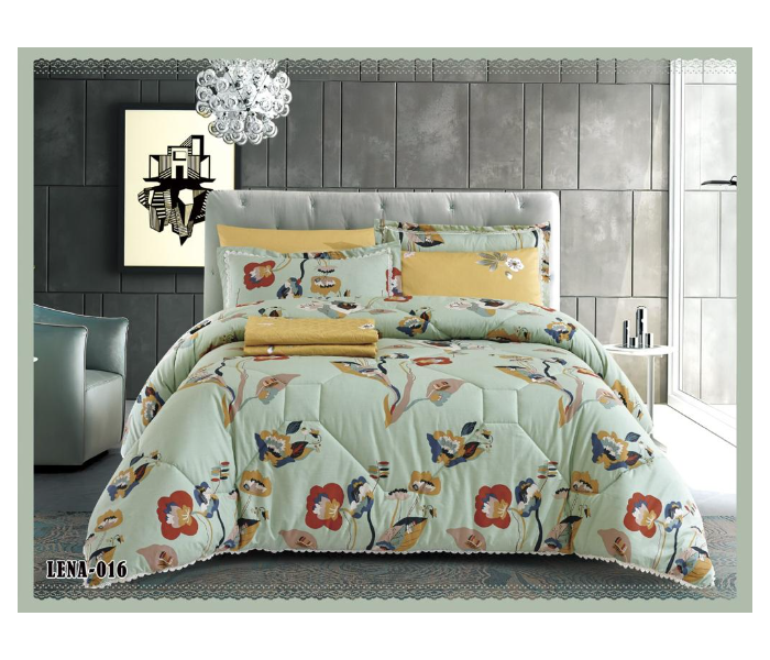 Dual Faces Flower Design King Size Two Sided Cotton Comforter Set - Light Green - Zoom Image