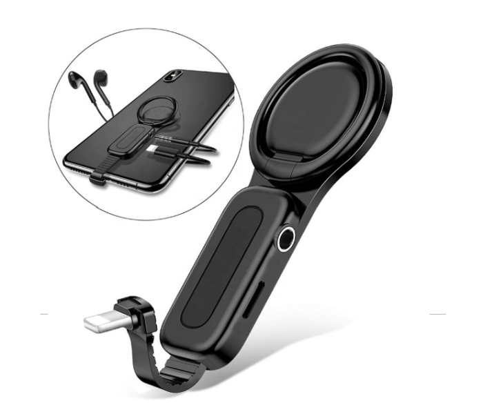 RC10 Multi-Function 3.5mm Ring Holder Audio Charging Adapter for iPhone - Black - Zoom Image 1