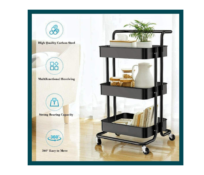 3 Tier Rolling Cart With Handle and Lockable Wheels - Black - Zoom Image 2