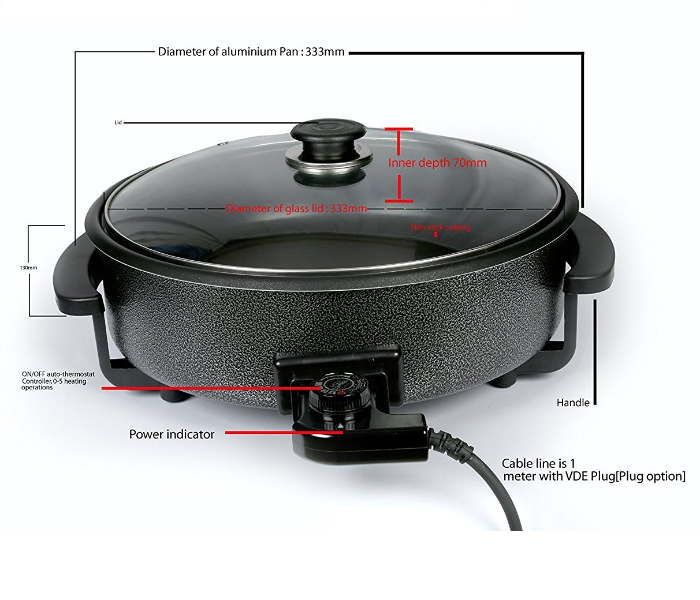 Crazo Fashion Aluminium Non-Stick Electric Pan Pizza Maker Multipurpose Cooker with Unbreakable Glass Lid- Black - Zoom Image 3