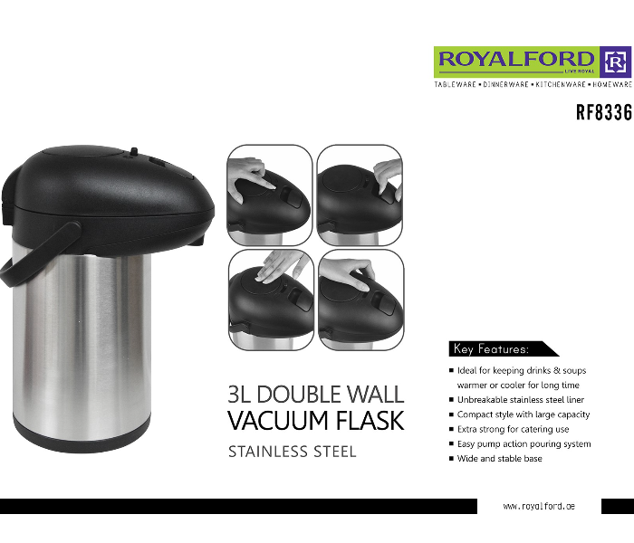 Royalford RF8336 3 Litre Double Wall Stainless Steel Airpot Flask - Silver - Zoom Image 6