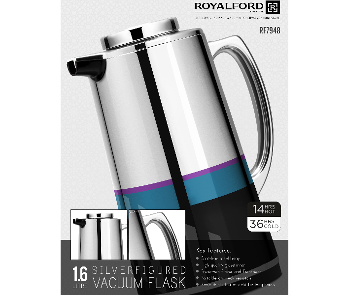 Royalford RF7948 1.6 Litre Silver Figured Vacuum Flask - Multicolor - Zoom Image 5