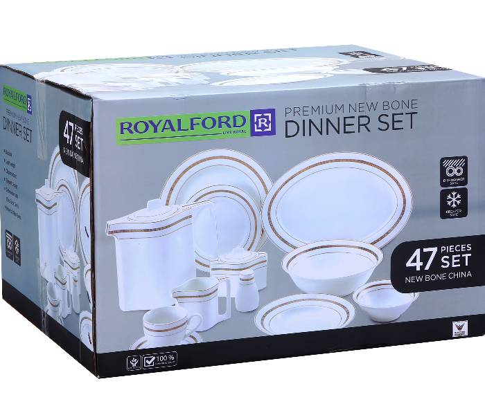 Royalford RF8396 47 Pieces Ovation Finebone Round Dinner Sets - White & Gold - Zoom Image 1