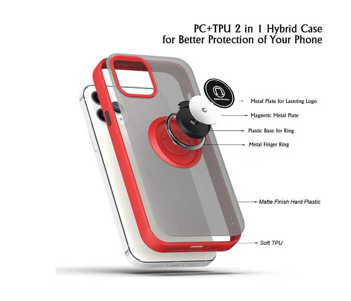 Silicone Soft Edge Mobile Case with Metal Finger Ring Holder Stand for Apple iPhone 12 and 12 Pro - Red - Zoom Image 2