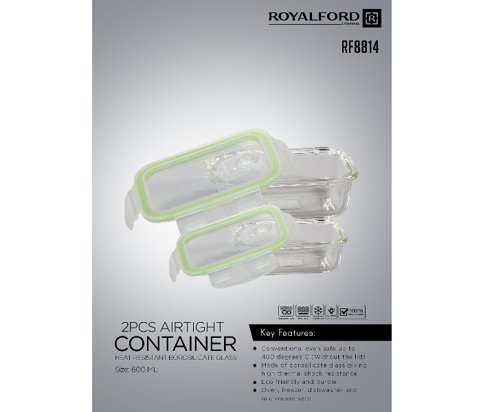 Royalford RF8814 600ml Glass Rectangle Airtight Container - 2 Pieces, Clear & Green - Zoom Image 4