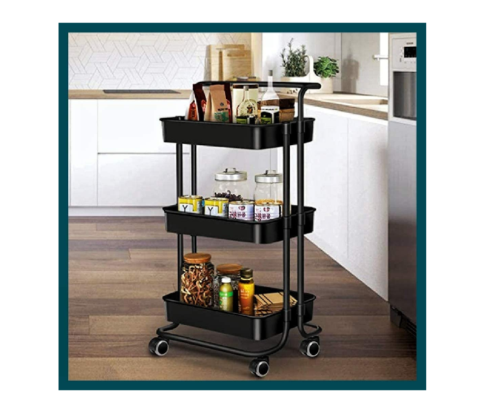 3 Tier Rolling Cart With Handle and Lockable Wheels - Black - Zoom Image 6