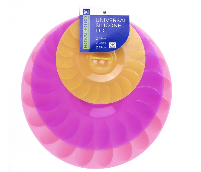 Royalford RF8675 3 Pieces Universal Silicone Lid - Pink, Yellow & Purple - Zoom Image 1