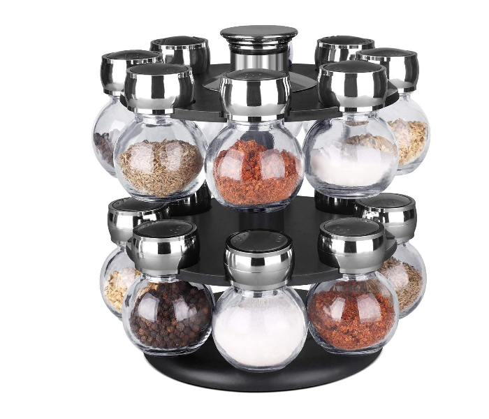 16 Jars Glass Jar with Revolving Rack - Black and Silver - Zoom Image