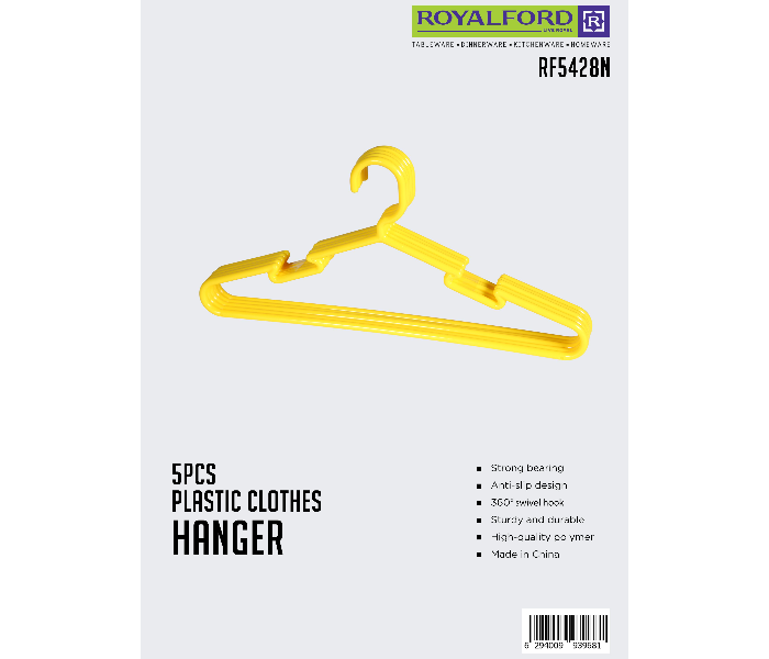 Royalford RF5428N Plastic Clothes Hanger - Yellow, 5 Pieces - Zoom Image 2