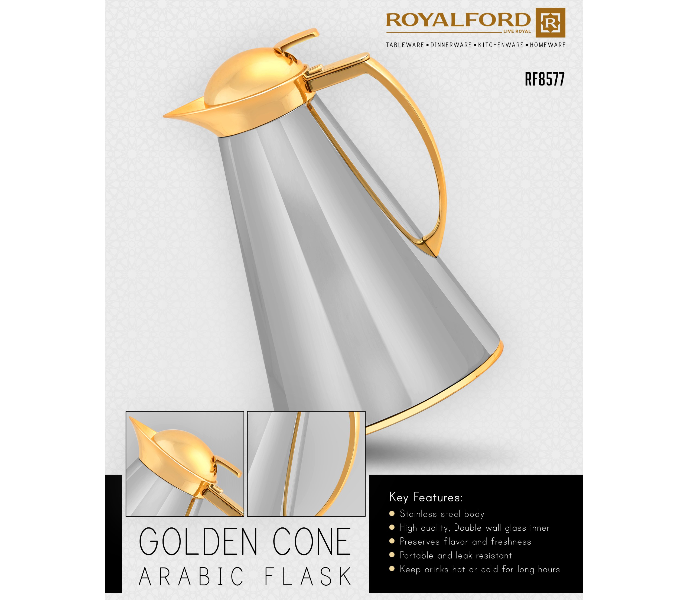 Royalford RF8577 1 Litre Golden Cone Arabic Flask - Silver & Gold - Zoom Image 2