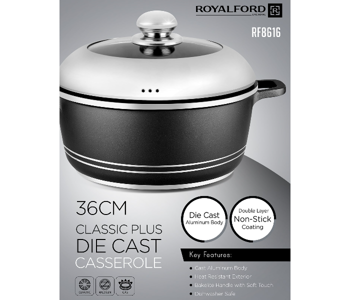 Royalford RF8616 36CM Classic Die-Cast Aluminum Casserole - Black & Stainless Steel - Zoom Image 4