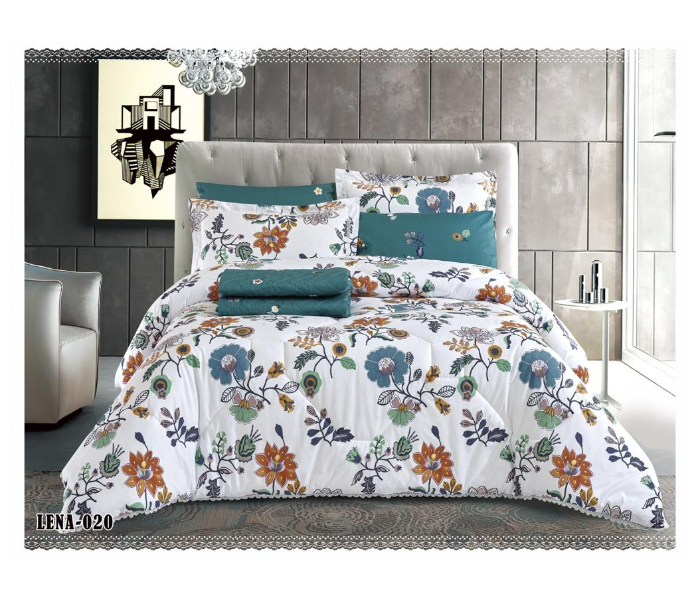 Dual Faces Flower Design King Size Two Sided Cotton Comforter Set - White and Green - Zoom Image