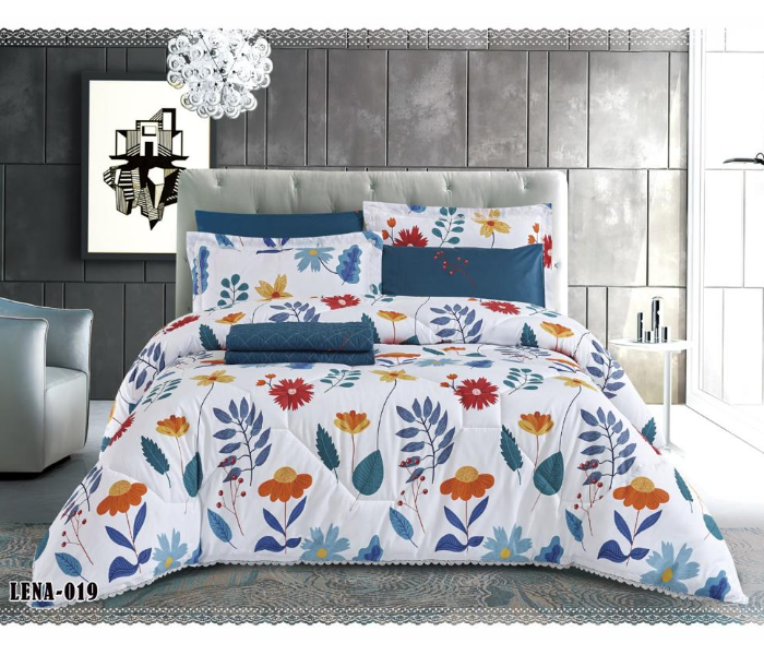 Dual Faces Leaf Design King Size Two Sided Cotton Comforter Set - White and Blue - Zoom Image