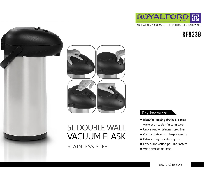 Royalford RF8338 5 Litre Double Wall Stainless Steel Airpot Flask - Silver - Zoom Image 2