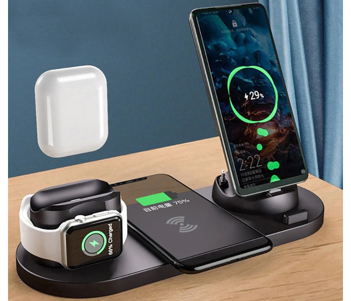 6 in 1 Stand Qi Fast Charging Wireless Charger Dock Station For All Qi certified mobiles , Apple Watch and AirPods - Zoom Image 1