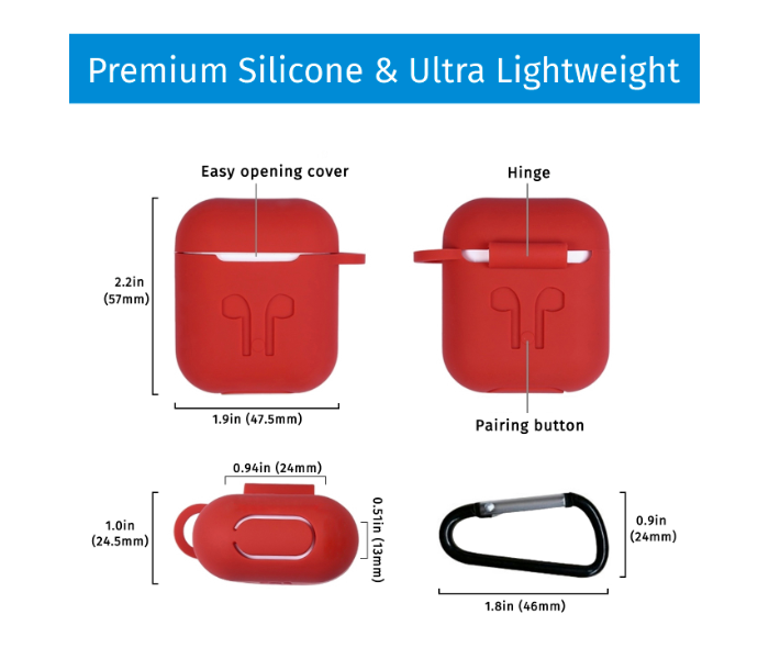 Silicone Protective Cover and Skin for Apple AirPods Charging Case with Carabiner Keychain Belt Clip – Red  - Zoom Image 6