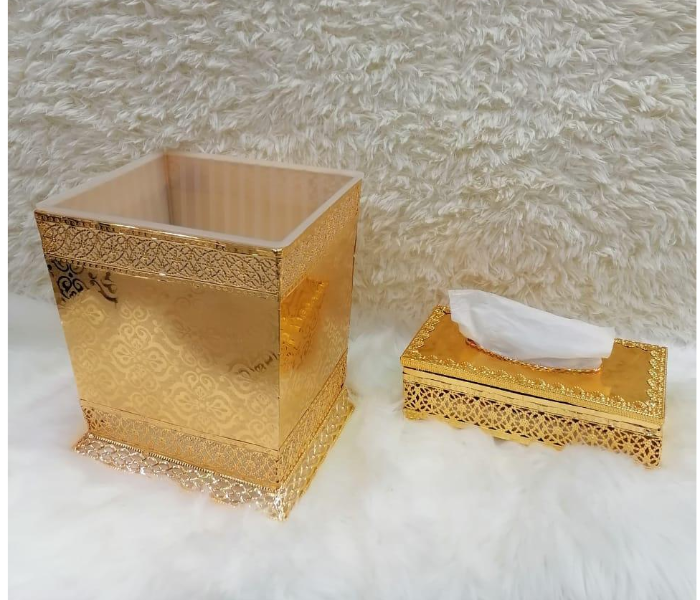 Set of 2 Piece Iron Dustbin and Tissue Box - Golden Style 6 - Zoom Image