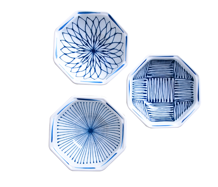 Generic JP20025 4.5 inch Set of 3 Octagonal Bowls - White and Blue - Zoom Image