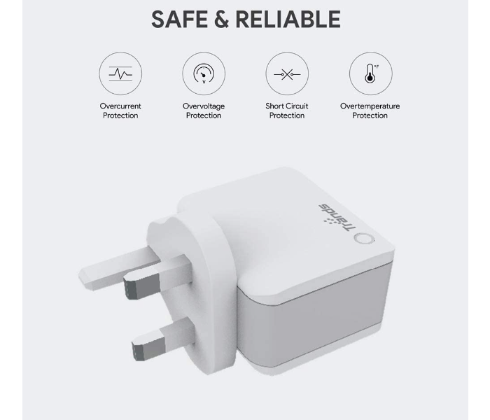 Trands TR-AD624 12W Dual USB Travel Charger with Detachable UK Plug and Lightning Cable - White - Zoom Image 3