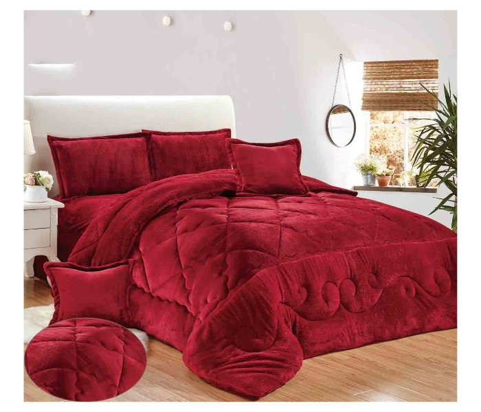 Set of 6 Piece King Size Double Bed Velvet Comforter Set - Red - Zoom Image