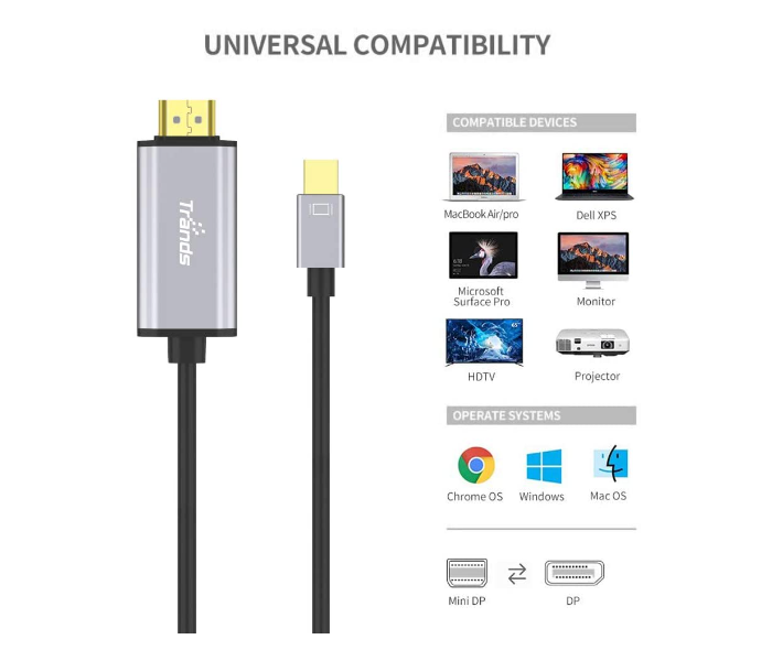 Trands TR-CA589 1.8 Meter Mini Display Port to HDMI Cable - Black and Grey - Zoom Image 2