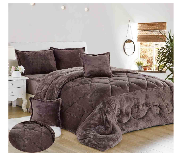 Set of 6 Piece King Size Double Bed Velvet Comforter Set - Brown - Zoom Image