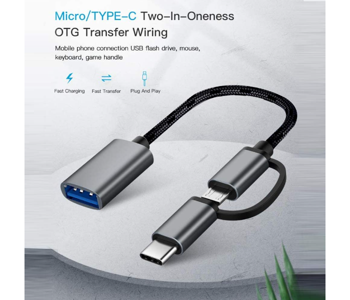 Trands TR-CA344 2 in 1 USB 3.0 Adapter Type-C OTG Cable and Micro Braided Transfer and Data Sync Cable - Black - Zoom Image 2