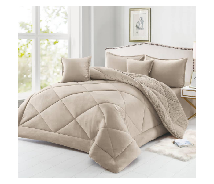 Set of 6 Piece King Size Double Bed Velvet Comforter Set - Cream Brown - Zoom Image