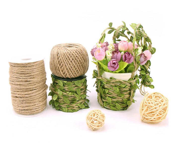 Natural Hessian Jute Twine 5 Metre Artificial Green Leaf Garland String for Gift Wrap Wedding Decor Natural Leaf Rope - Green - Zoom Image 2