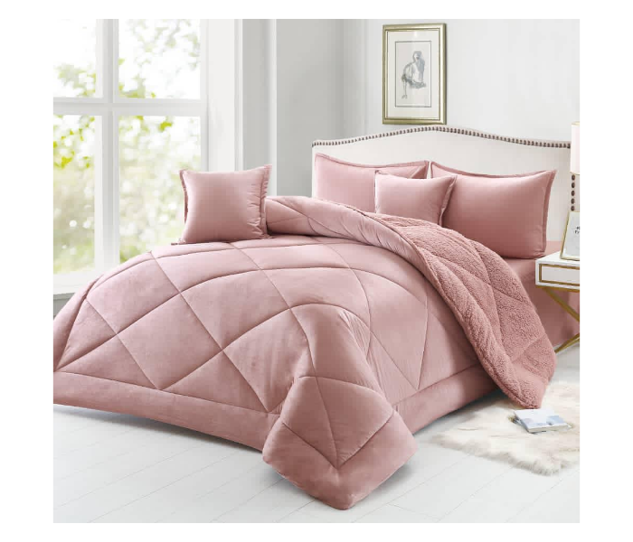 Set of 6 Piece King Size Double Bed Velvet Comforter Set - Pink - Zoom Image