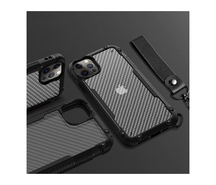 Morepro MP-1244 New Carbon Fiber Design Case for iPhone 12 Pro with Hand Wrist Rope - Black - Zoom Image 2