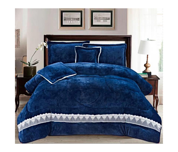 Set of 6 Piece King Size Velvet Comforter Set for Double Bed - Blue - Zoom Image