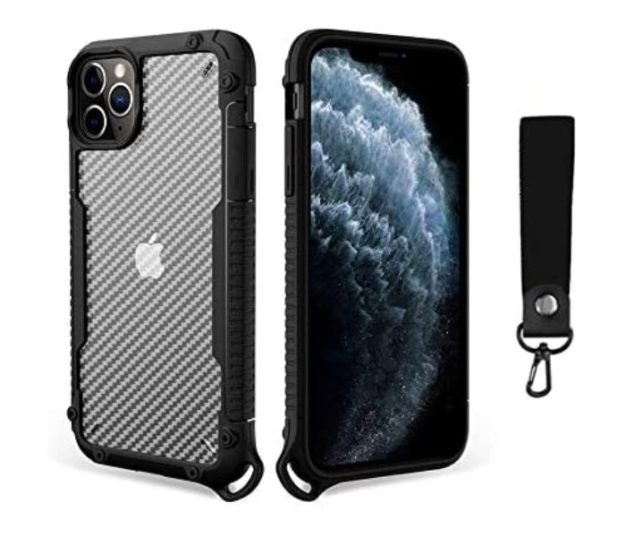 Morepro MP-1244 New Carbon Fiber Design Case for iPhone 12 Pro with Hand Wrist Rope - Black - Zoom Image 1