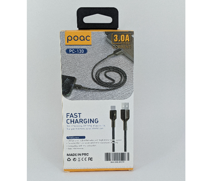 Poac PC-130 3A Ceramic Finish Type-C Super Charging Data Cable - Black - Zoom Image 2