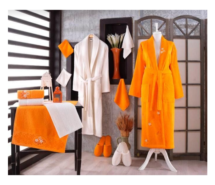 Long Style Winter Thickened Japanese Double Face Fabric Towel Bathrobe for Men and Women - White and Orange - Zoom Image