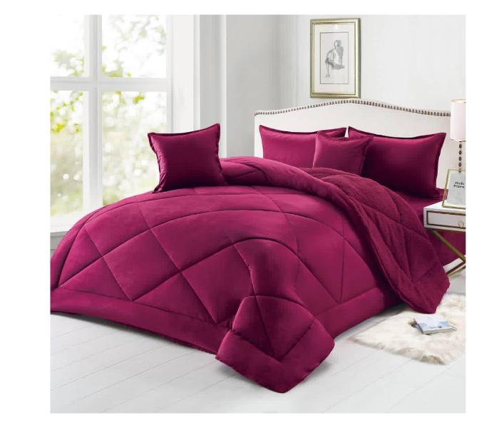 Set of 6 Piece King Size Double Bed Velvet Comforter Set - Red Wine - Zoom Image