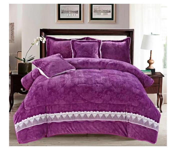 Set of 6 Piece King Size Velvet Comforter Set for Double Bed - Purple - Zoom Image